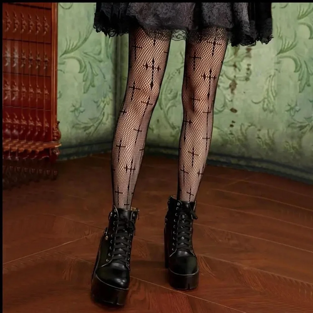 Cross Pattern Fishnet Tights, Hollow Out High‎ Waist Mesh Pantyhose One Size